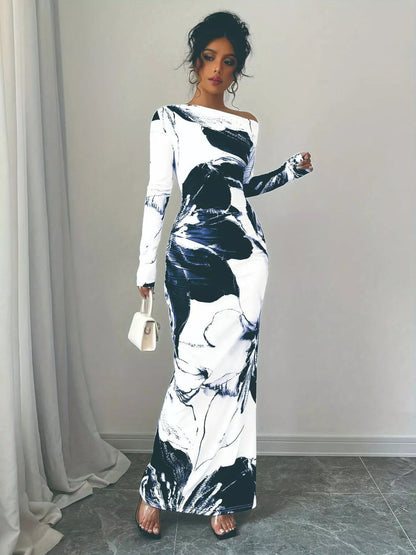 Floral One Shoulder Long Sleeve Maxi Dress - Rochelle's House LLC