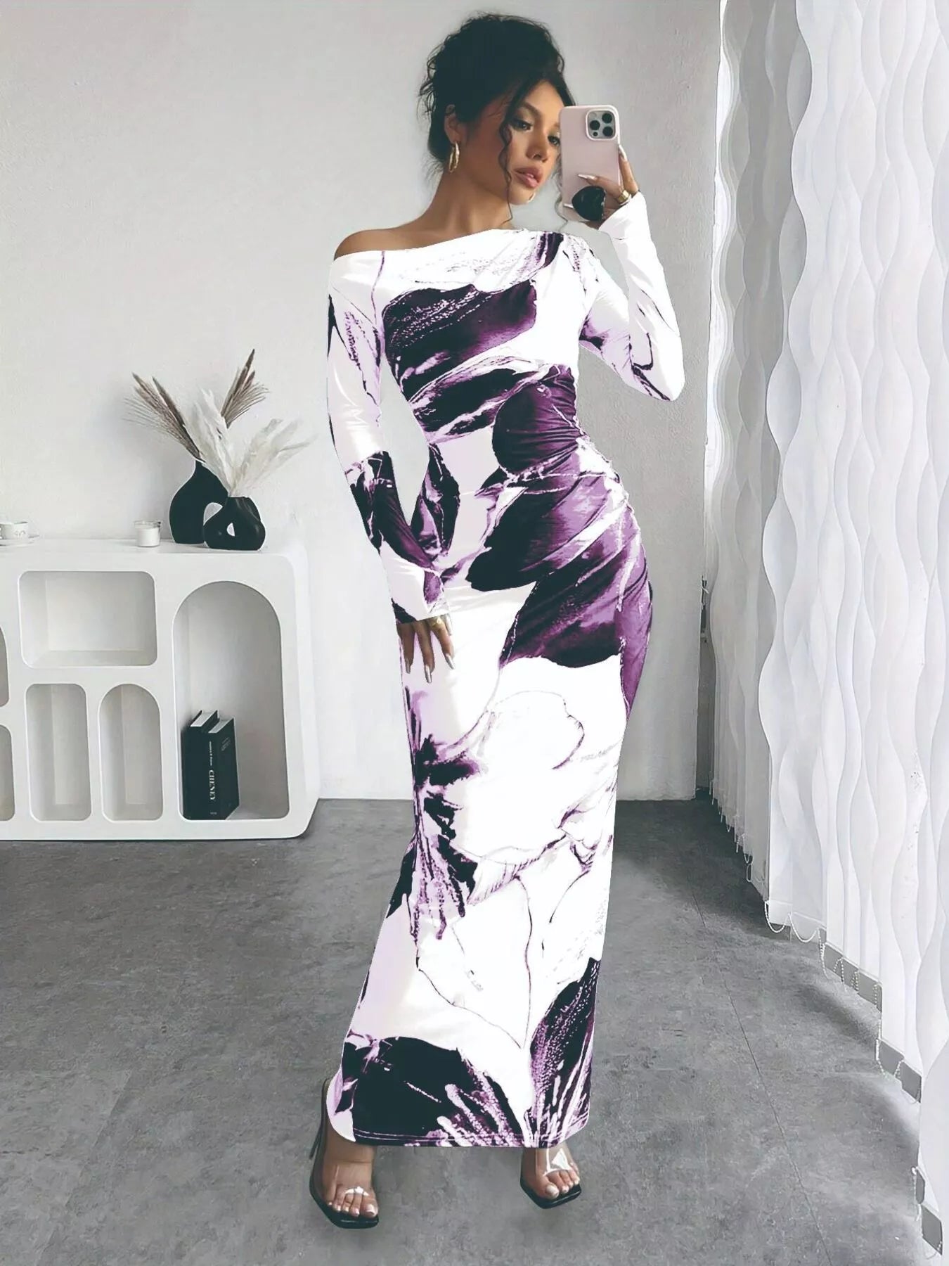 Floral One Shoulder Long Sleeve Maxi Dress - Rochelle's House LLC