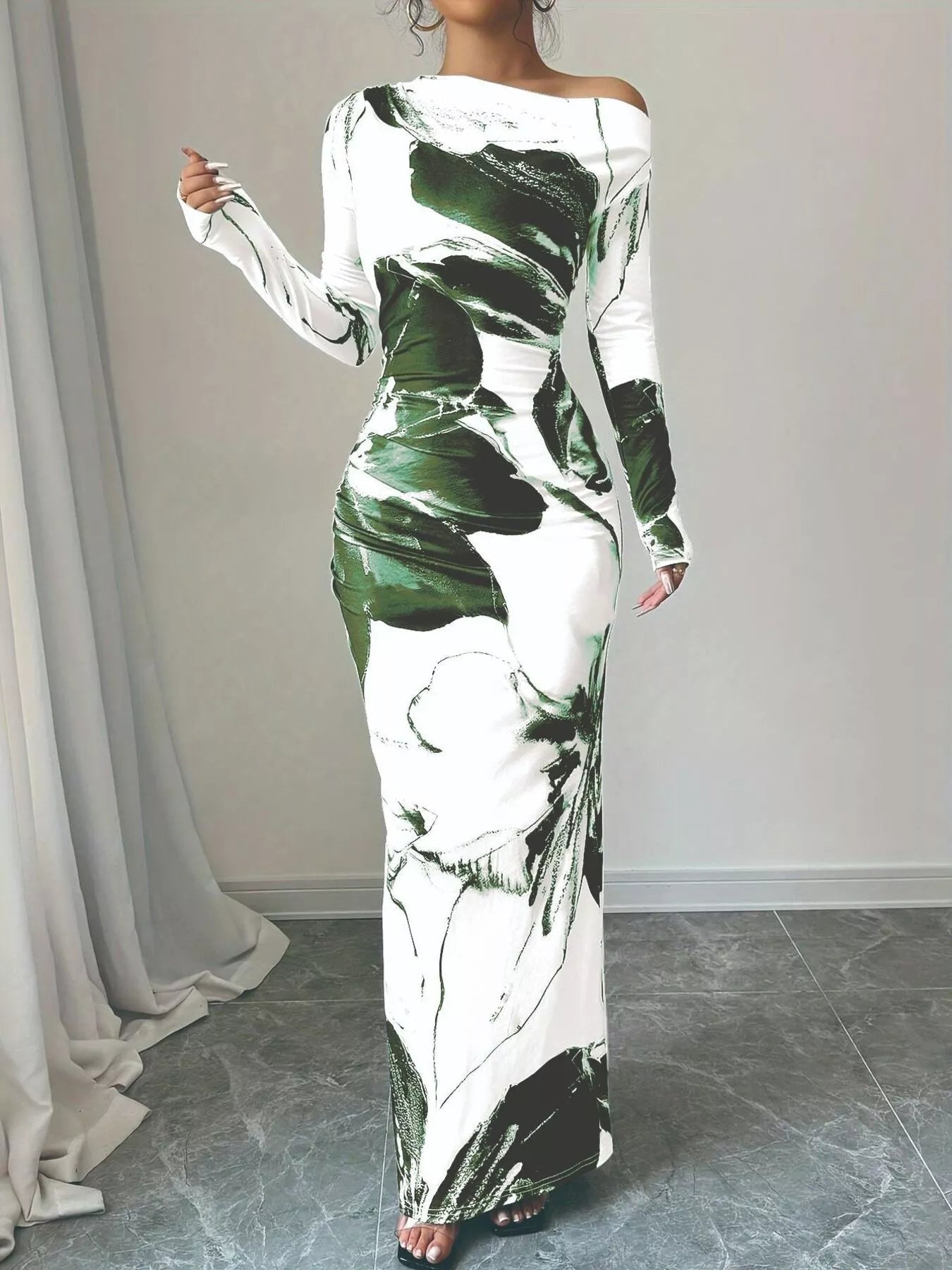 Floral One Shoulder Long Sleeve Maxi Dress - Rochelle's House LLC