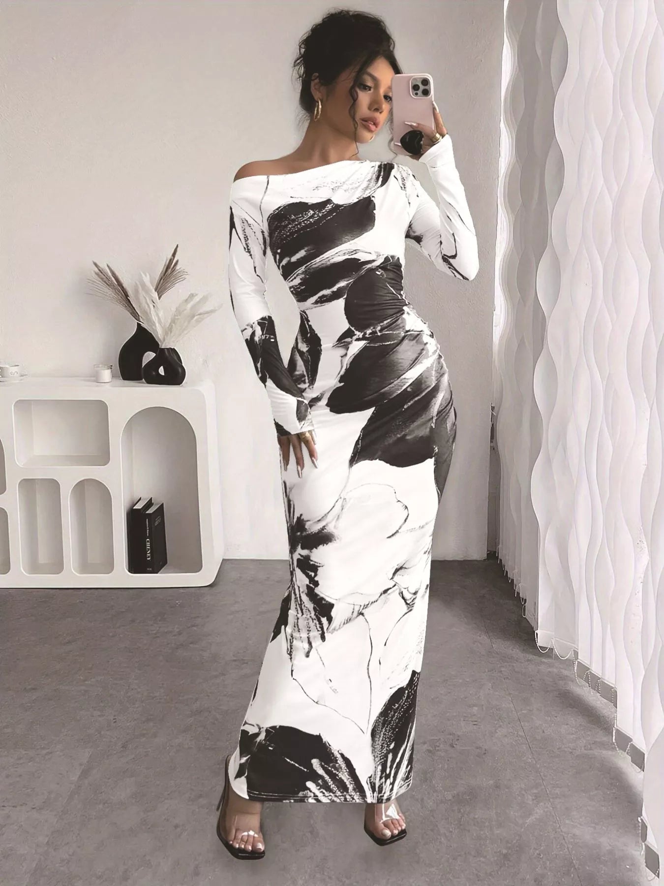 Floral One Shoulder Long Sleeve Maxi Dress - Rochelle's House LLC