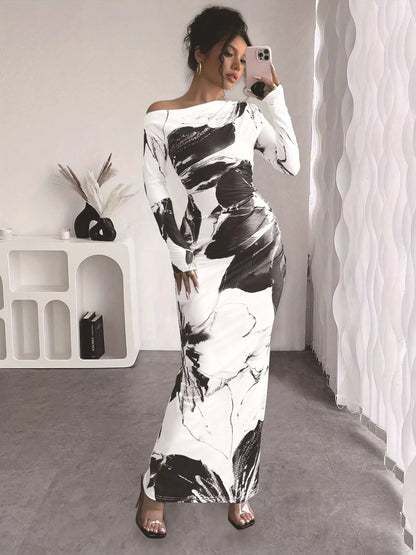 Floral One Shoulder Long Sleeve Maxi Dress - Rochelle's House LLC
