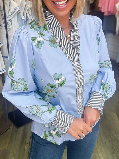 Floral Print Contrast Striped Trim Ruffled V Neck Fall Blouse - Rochelle's House LLC