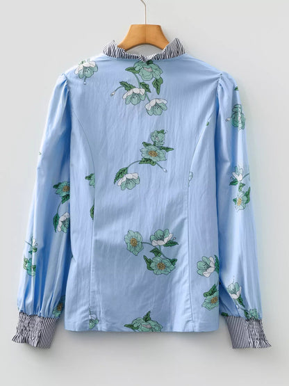 Floral Print Contrast Striped Trim Ruffled V Neck Fall Blouse - Rochelle's House LLC