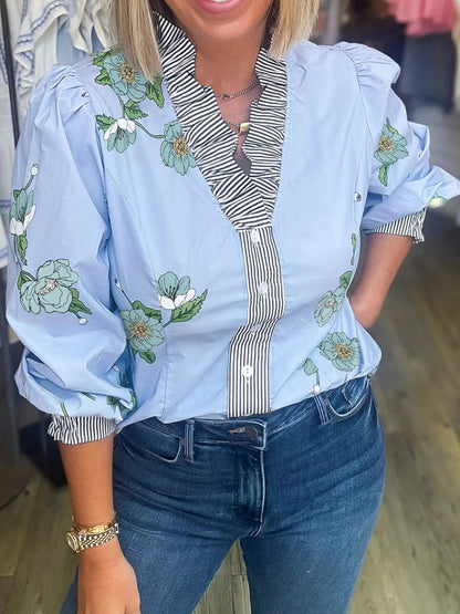 Floral Print Contrast Striped Trim Ruffled V Neck Fall Blouse - Rochelle's House LLC