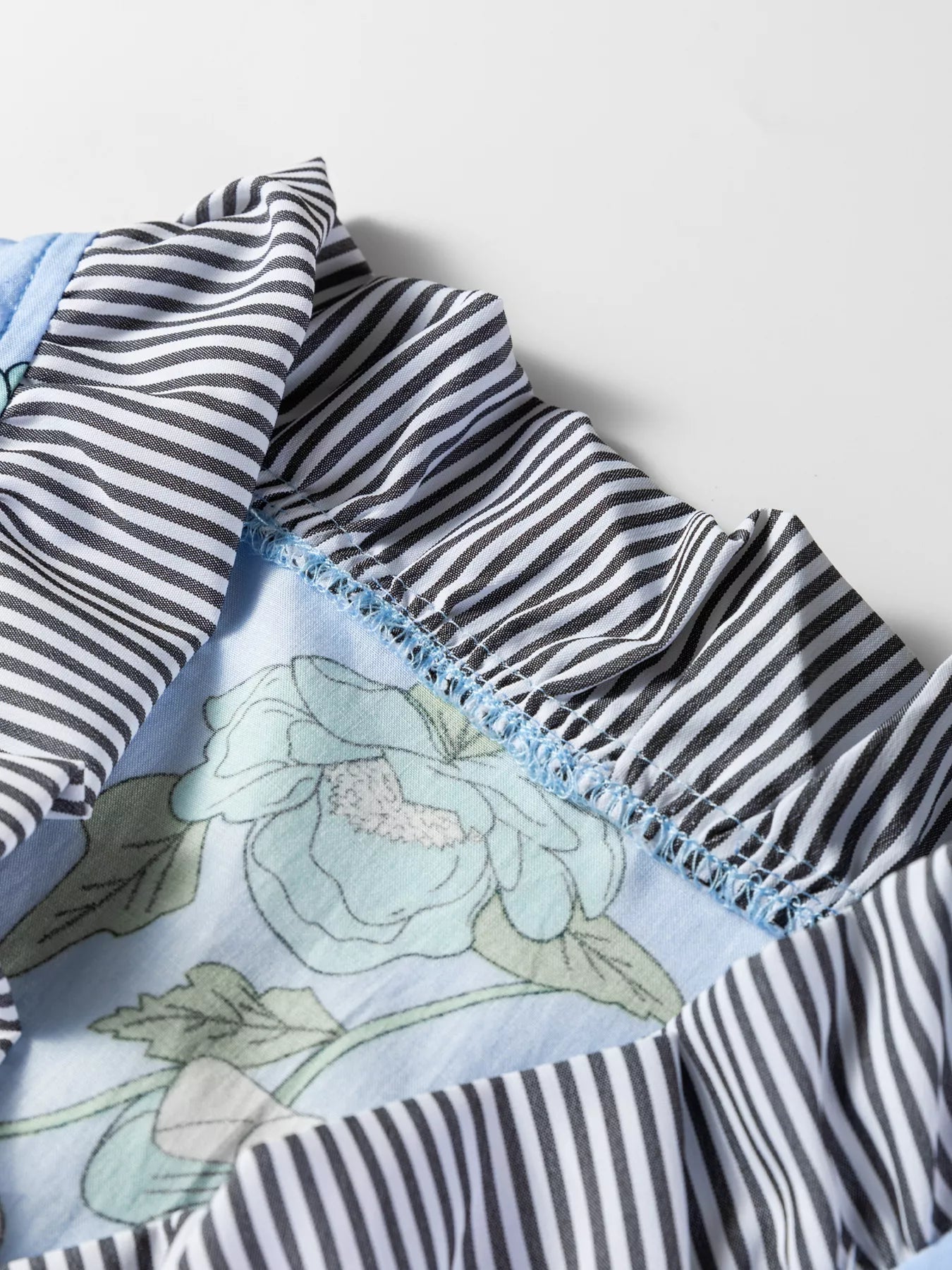 Floral Print Contrast Striped Trim Ruffled V Neck Fall Blouse - Rochelle's House LLC