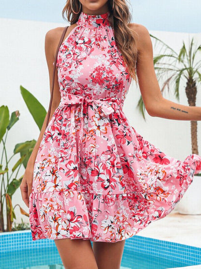 Floral Print Halter Neck Mini Dress - Rochelle's House LLC