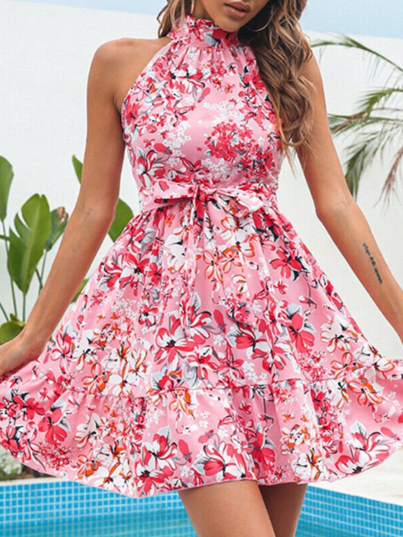 Floral Print Halter Neck Mini Dress - Rochelle's House LLC