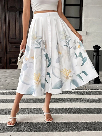 Front view of Floral Print Midi Skirt in White showing neckline and sleeve details (100% polyester)