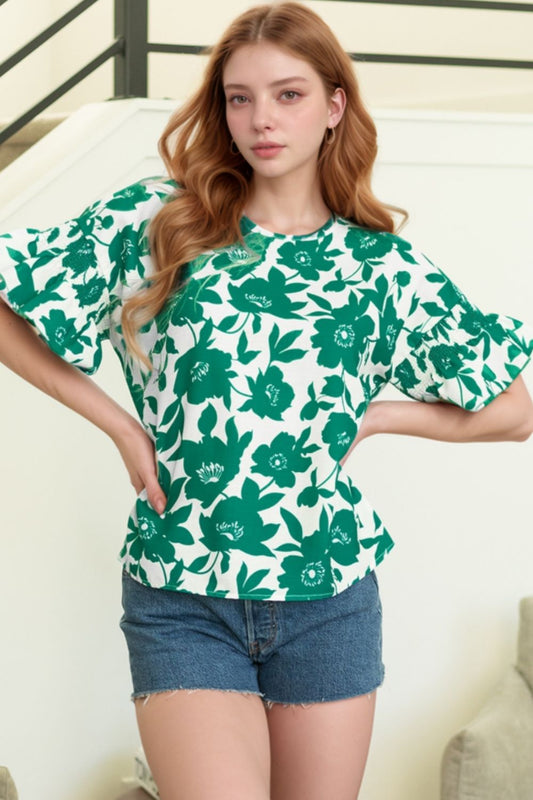 Front view of Floral Print Ruffled Short Sleeve Round Neck Loose Blouse in Dark Green showing neckline and sleeve details