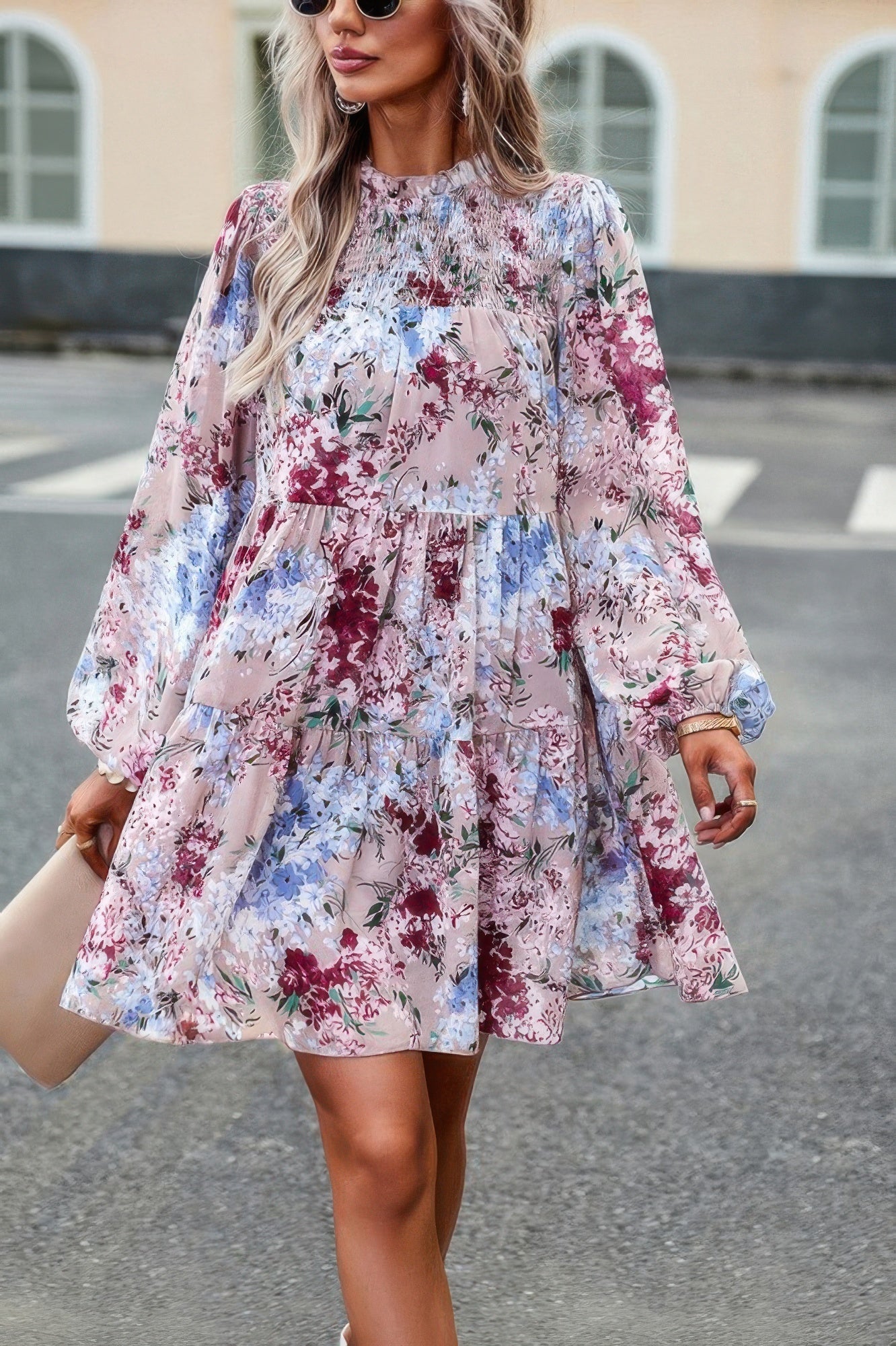 Front view of Floral Print Tiered Sleeve Ruffle Hem Smock Dress showing neckline and sleeve details (100% Polyester)