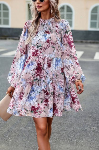 Front view of Floral Print Tiered Sleeve Ruffle Hem Smock Dress showing neckline and sleeve details (100% Polyester)