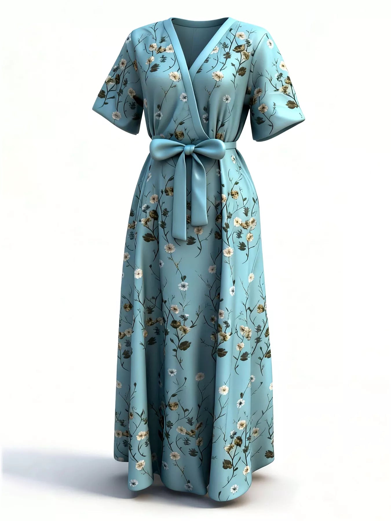 Front view of Floral Surplice Short Sleeve Dress in Turquoise showing neckline and sleeve details