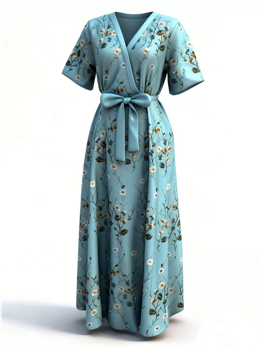 Front view of Floral Surplice Short Sleeve Dress in Turquoise showing neckline and sleeve details
