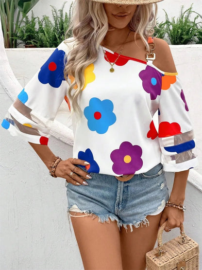 Flower Asymmetrical Neck Blouse - Rochelle's House LLC