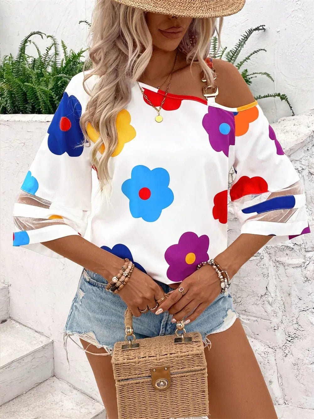 Flower Asymmetrical Neck Blouse - Rochelle's House LLC