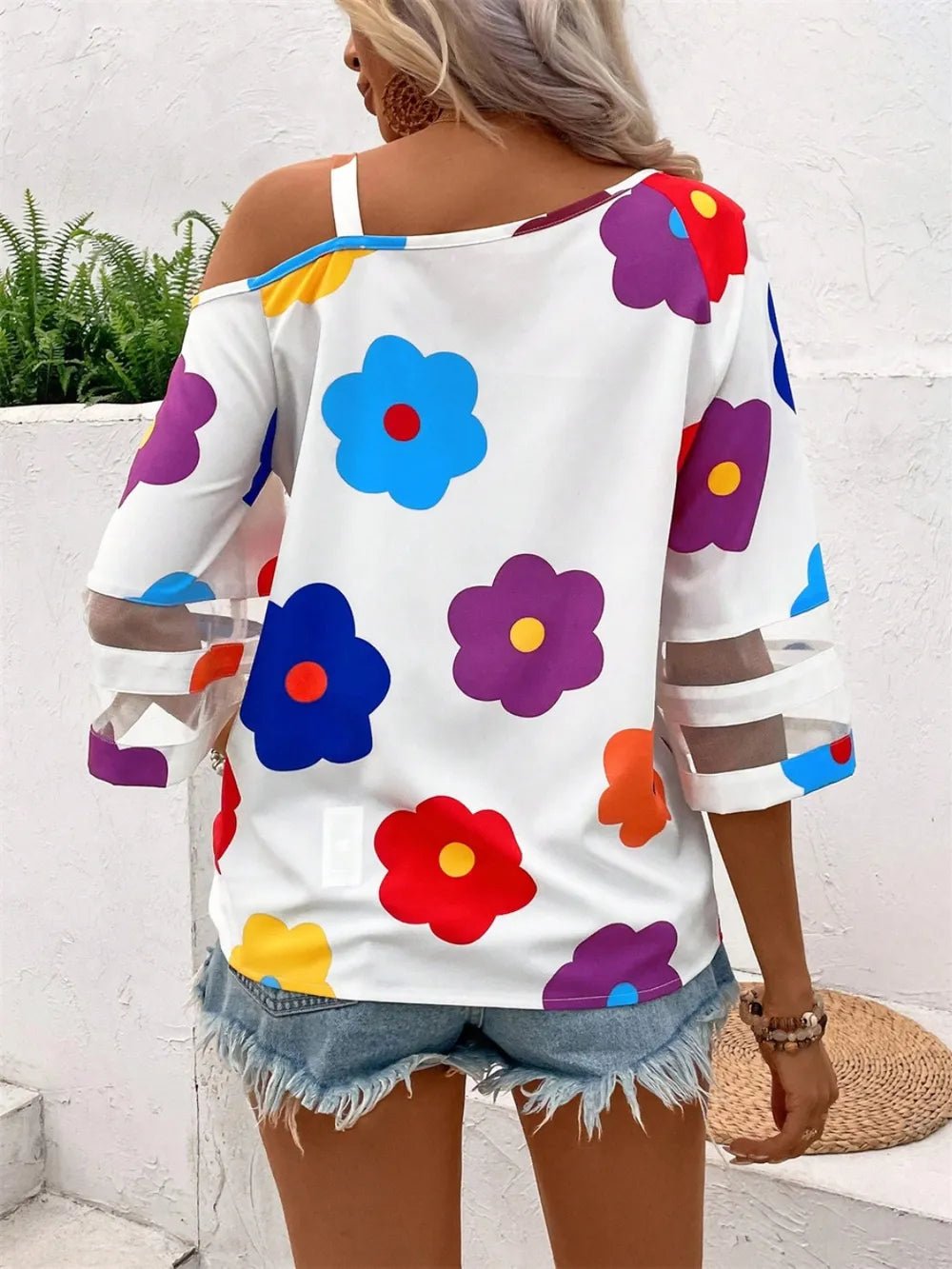 Flower Asymmetrical Neck Blouse - Rochelle's House LLC