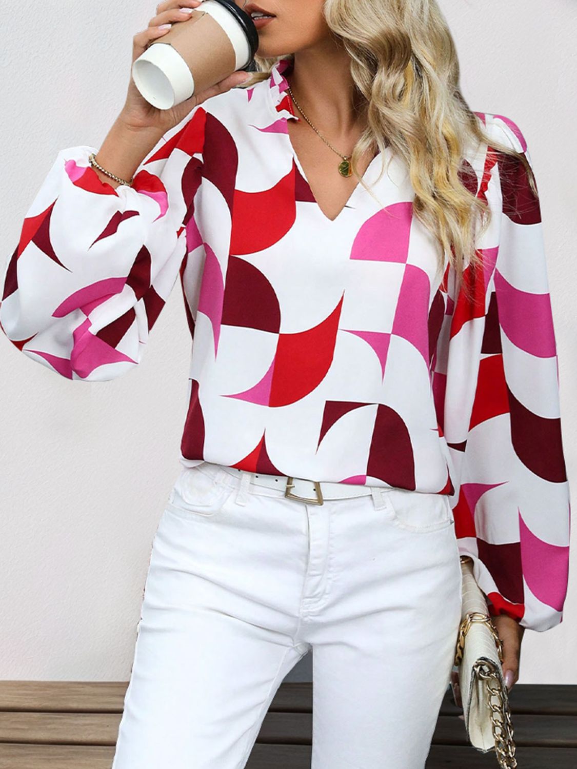 Frill Notched Long Sleeve Blouse - Rochelle's House LLC