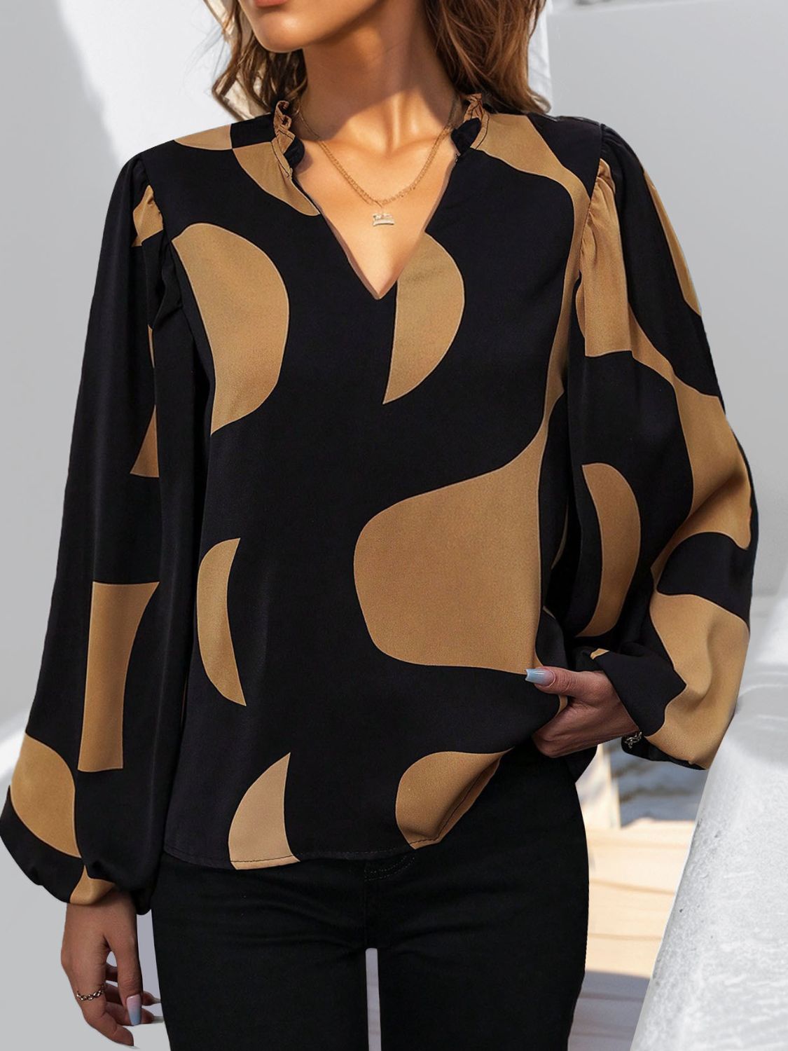 Frill Notched Long Sleeve Blouse - Rochelle's House LLC