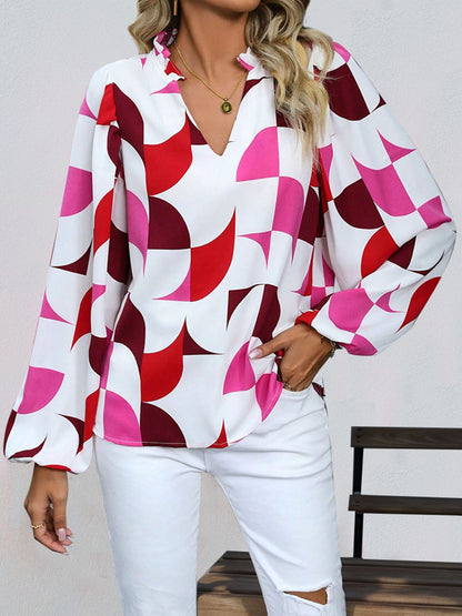 Frill Notched Long Sleeve Blouse - Rochelle's House LLC