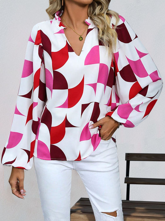 Frill Notched Long Sleeve Blouse - Rochelle's House LLC