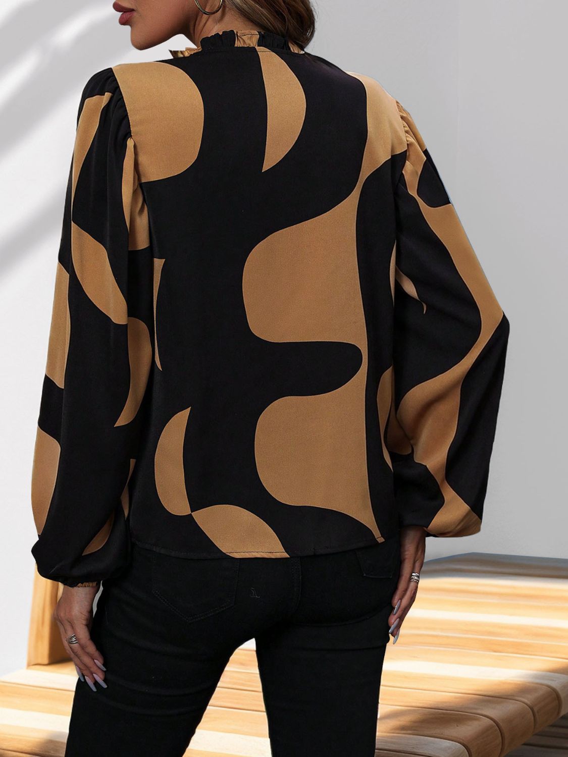Frill Notched Long Sleeve Blouse - Rochelle's House LLC