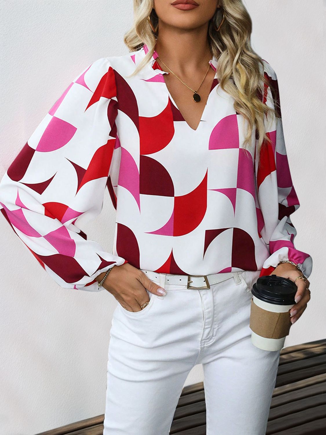Frill Notched Long Sleeve Blouse - Rochelle's House LLC