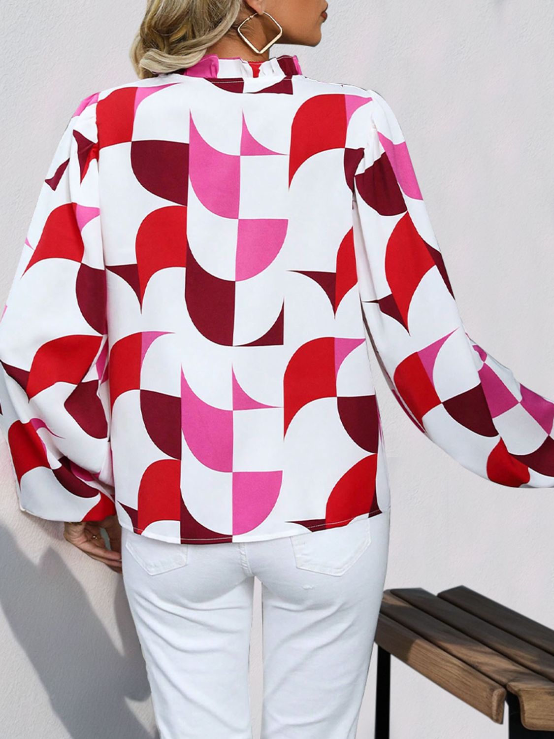 Frill Notched Long Sleeve Blouse - Rochelle's House LLC