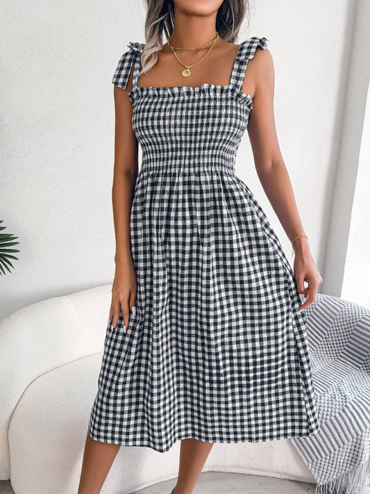 Front view of Frill Plaid Square Neck Midi Dress in Black showing neckline and sleeve details