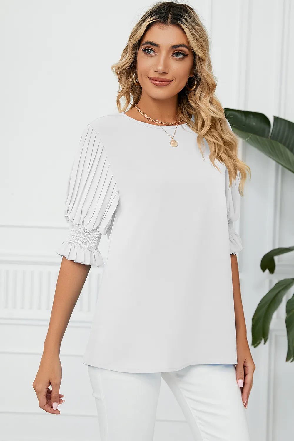 Frill Round Neck Lantern Sleeve T-Shirt - Rochelle's House LLC