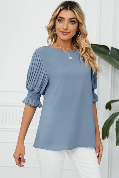Frill Round Neck Lantern Sleeve T-Shirt - Rochelle's House LLC