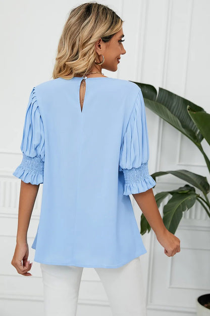 Frill Round Neck Lantern Sleeve T-Shirt - Rochelle's House LLC