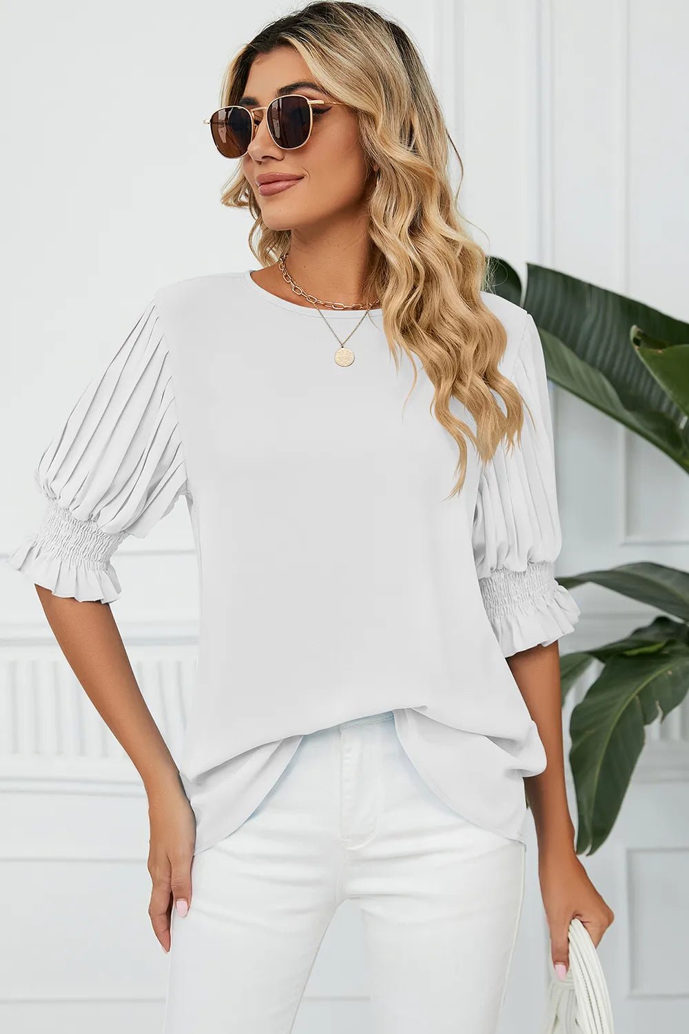 Frill Round Neck Lantern Sleeve T-Shirt - Rochelle's House LLC
