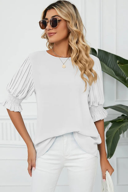 Frill Round Neck Lantern Sleeve T-Shirt - Rochelle's House LLC