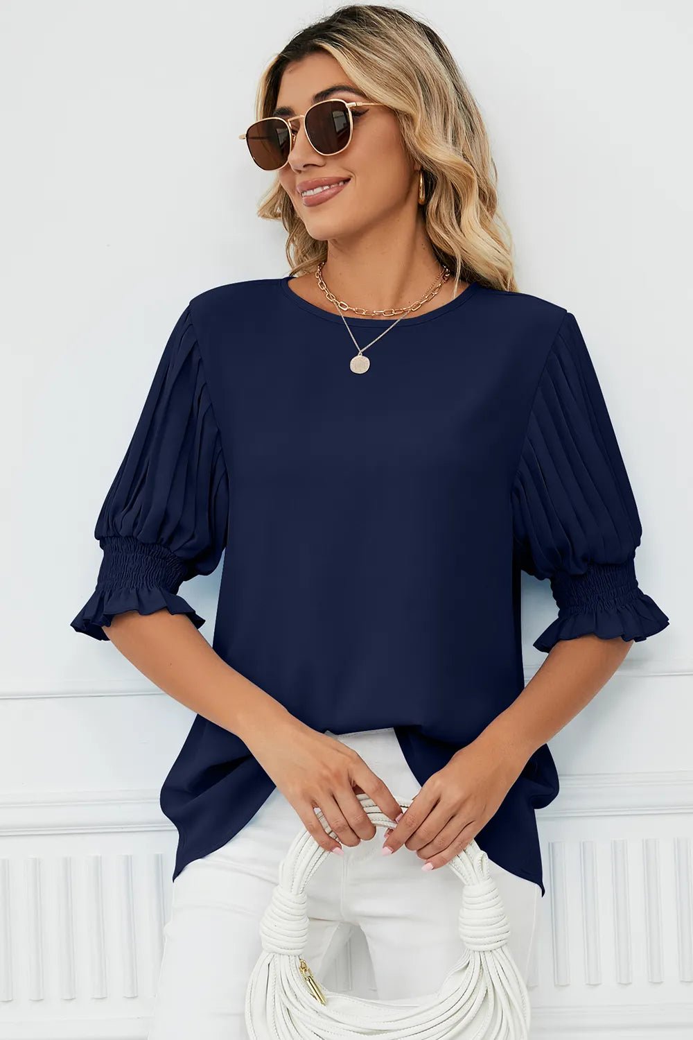 Frill Round Neck Lantern Sleeve T-Shirt - Rochelle's House LLC