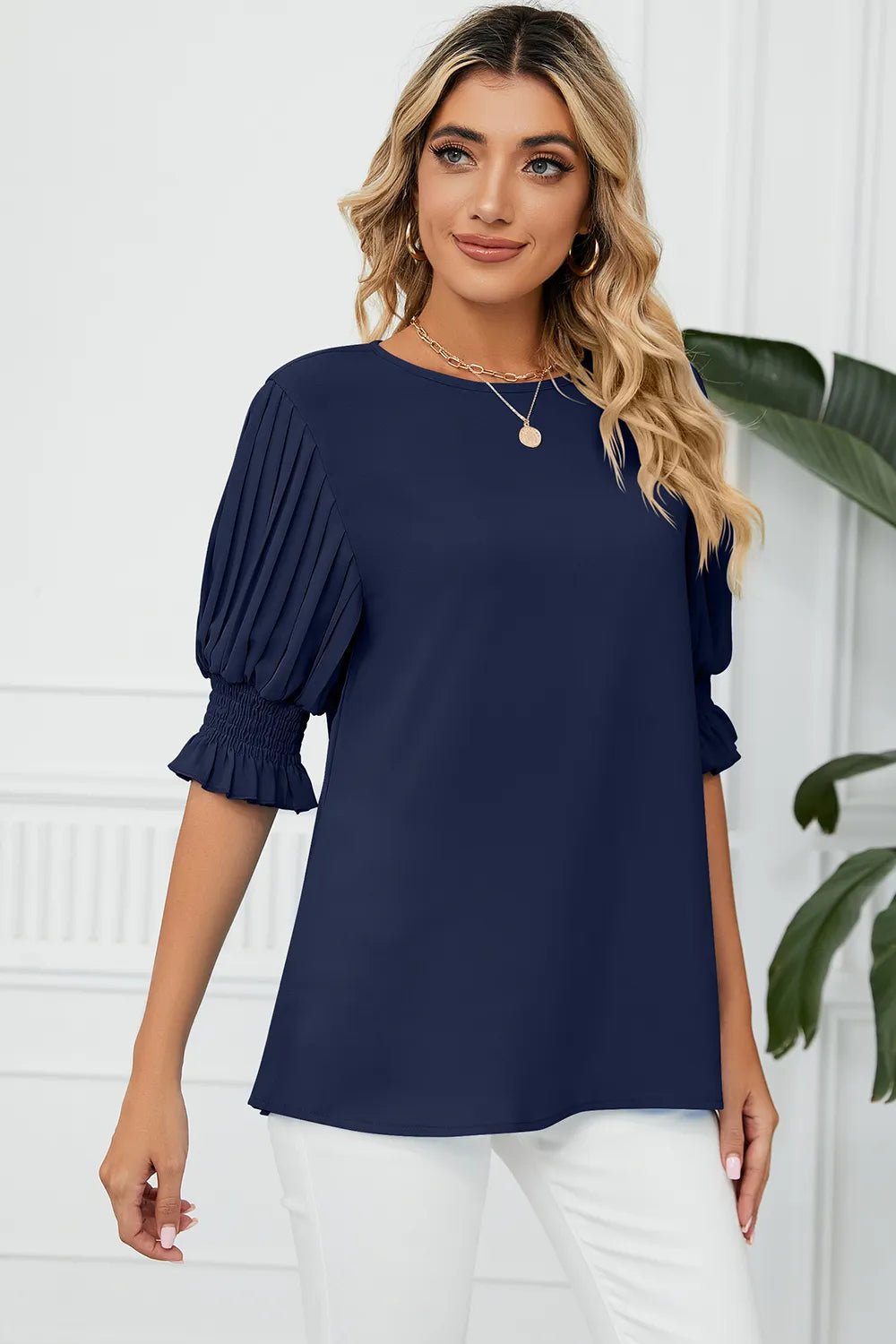 Frill Round Neck Lantern Sleeve T-Shirt - Rochelle's House LLC