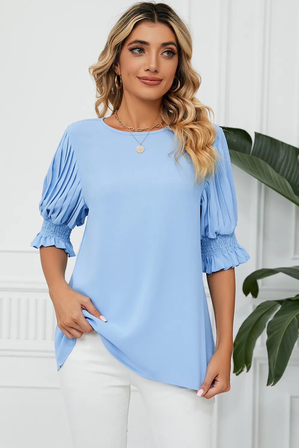 Frill Round Neck Lantern Sleeve T-Shirt - Rochelle's House LLC