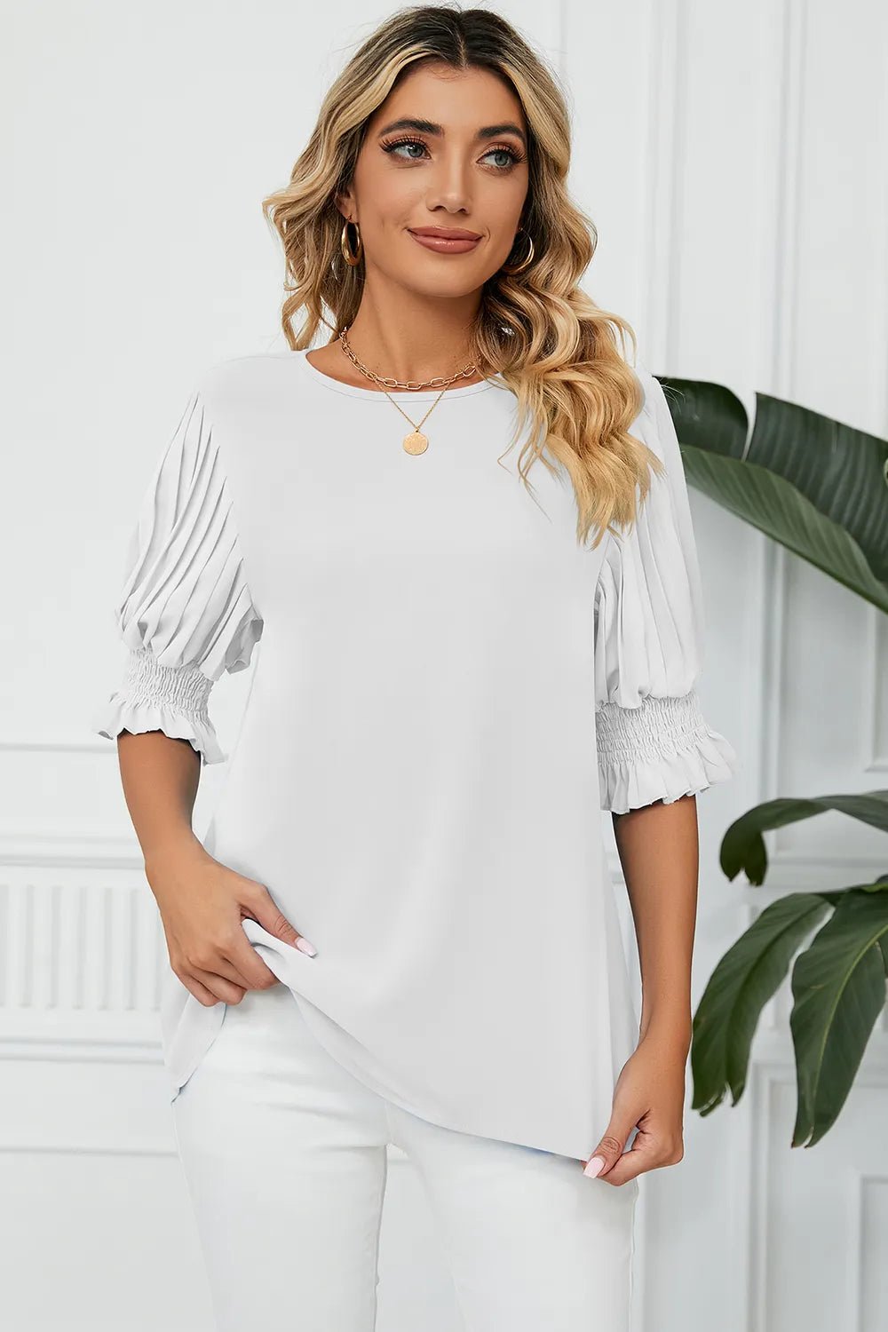 Frill Round Neck Lantern Sleeve T-Shirt - Rochelle's House LLC