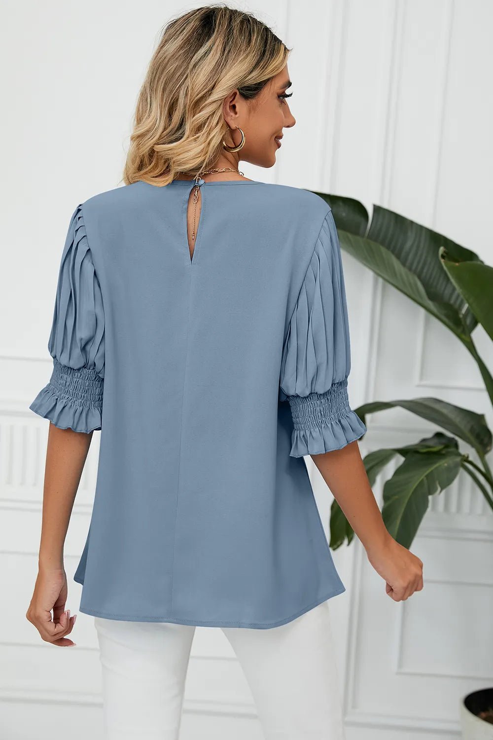 Frill Round Neck Lantern Sleeve T-Shirt - Rochelle's House LLC