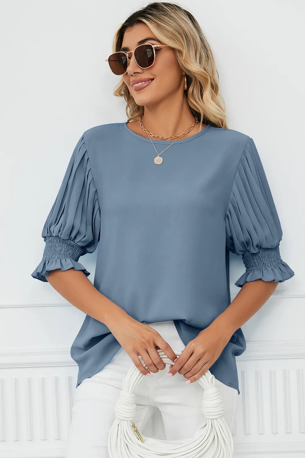 Frill Round Neck Lantern Sleeve T-Shirt - Rochelle's House LLC
