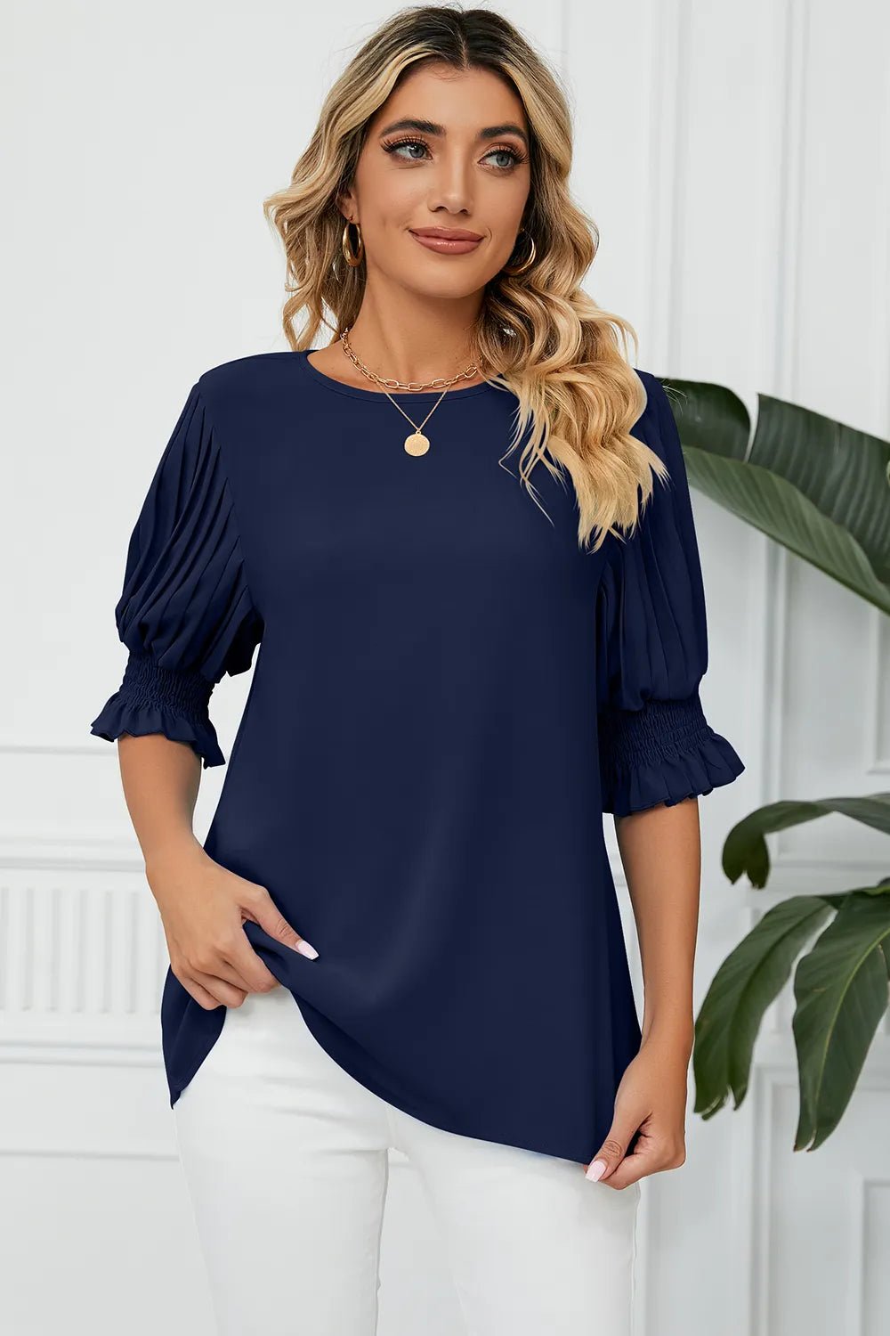 Frill Round Neck Lantern Sleeve T-Shirt - Rochelle's House LLC