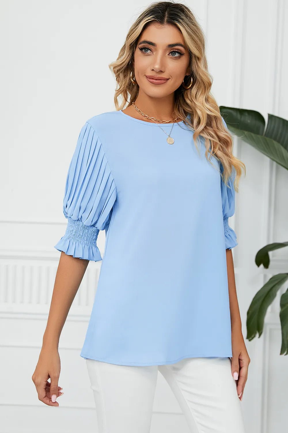 Frill Round Neck Lantern Sleeve T-Shirt - Rochelle's House LLC