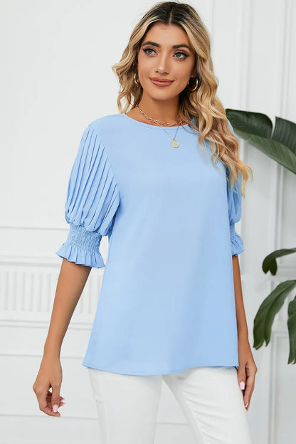 Frill Round Neck Lantern Sleeve T-Shirt - Rochelle's House LLC