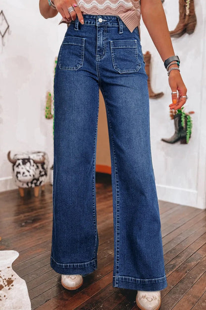 Front view of Front Pocket Patch High Waisted Wide Leg Jeans in Medium showing neckline and sleeve details