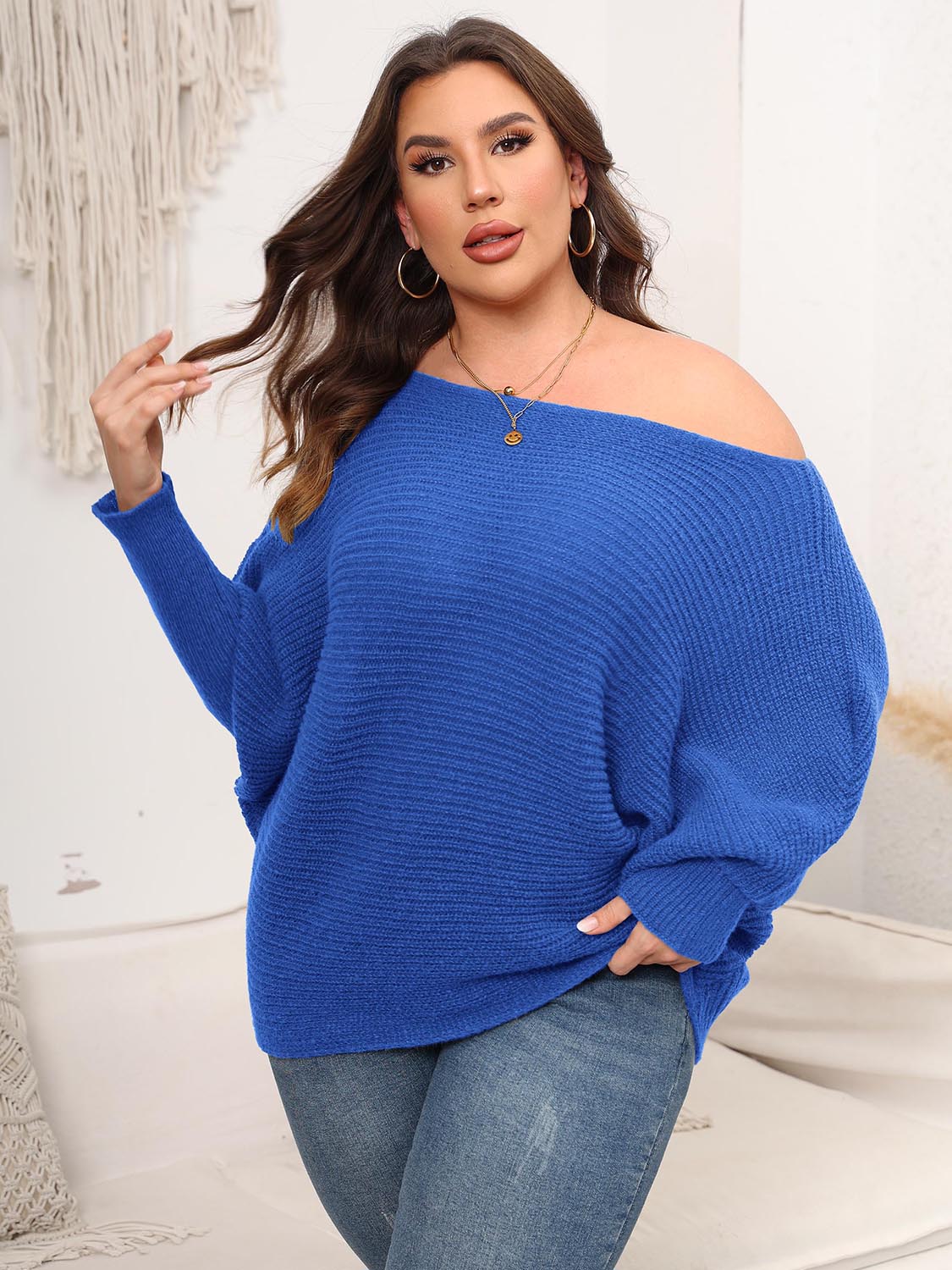 Front view of Full Size Boat Neck Batwing Sleeve Sweater in Royal  Blue showing neckline and sleeve details