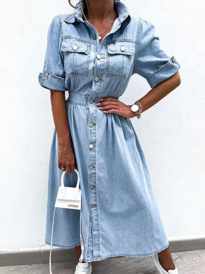 Front view of Full Size Button Down Roll-Up Sleeve Denim Shirt Dress Plus Size in Light Blue showing neckline and sleeve deta