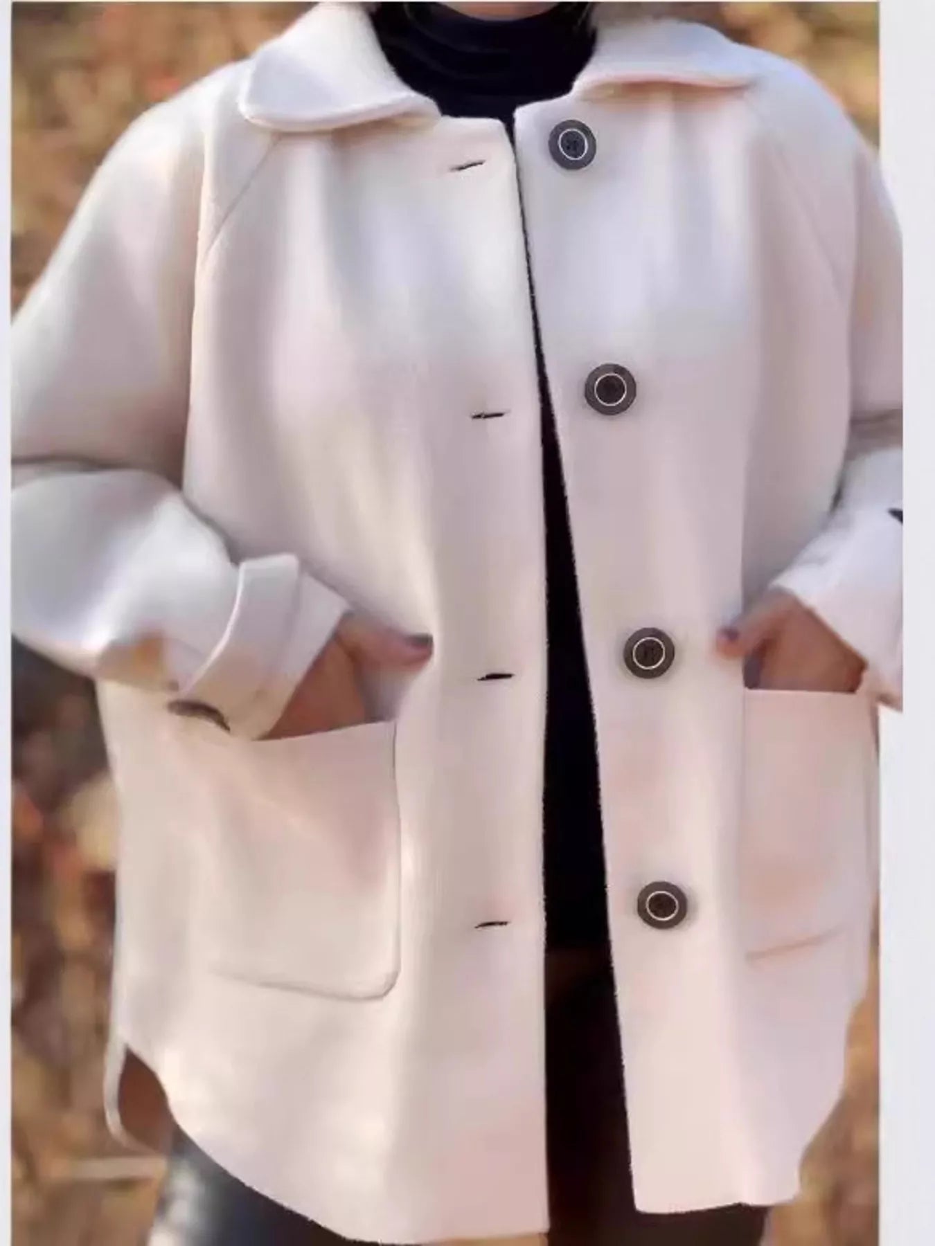 Front view of Full Size Button-Front Raglan Sleeve Coat Plus Size in Ivory White showing neckline and sleeve details