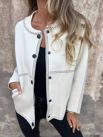 Front view of Full Size Button Up Long Sleeve Cardigan Plus Size in White showing neckline and sleeve details