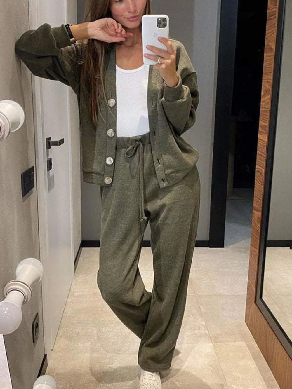 Full Size Button Up Long Sleeve Top and Pants Set - Rochelle's House LLC