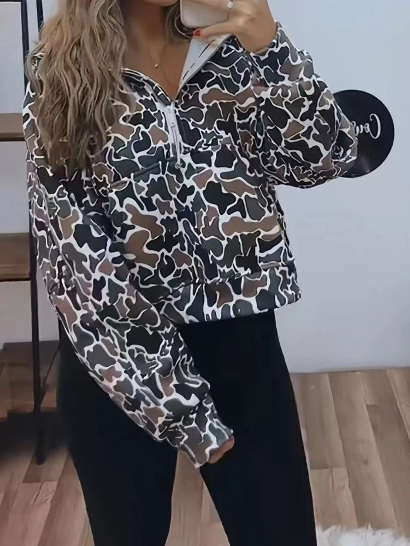 Full Size Camouflage Print Half - Zip Sweatshirt Plus Size - Rochelle's House LLC