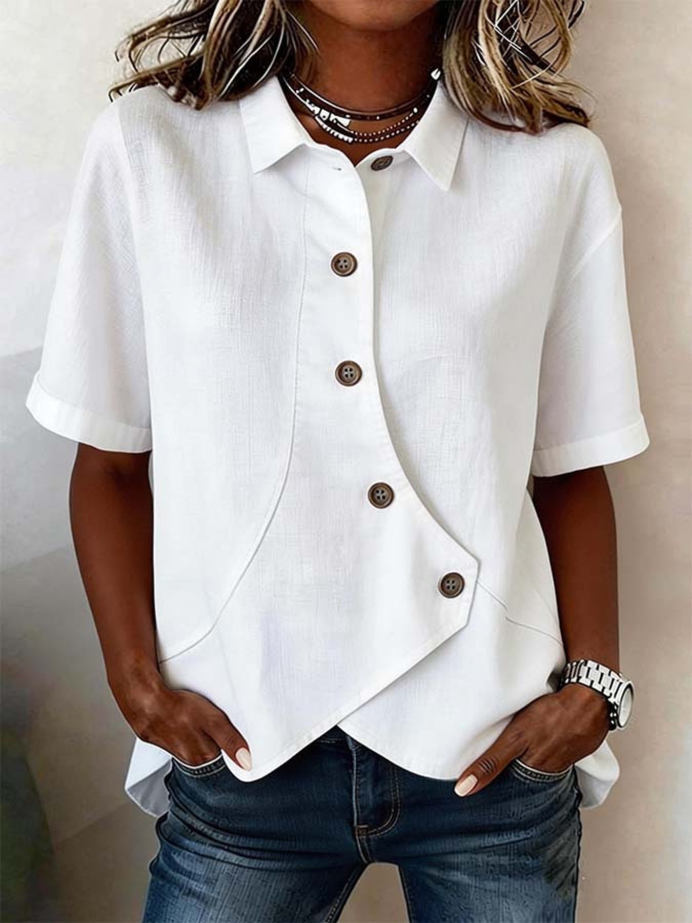 Full Size Casual Asymmetrical Button Shirt Plus Size - Rochelle's House LLC